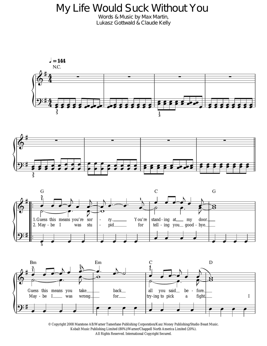 My Life Would Suck Without You Easy Piano scores gallery preview page 1