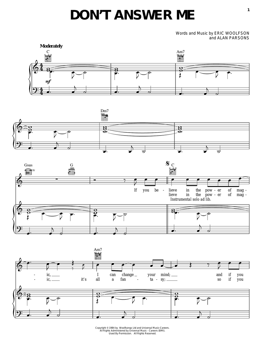 Don't Answer Me Piano, Vocal, Guitar scores gallery preview page 1