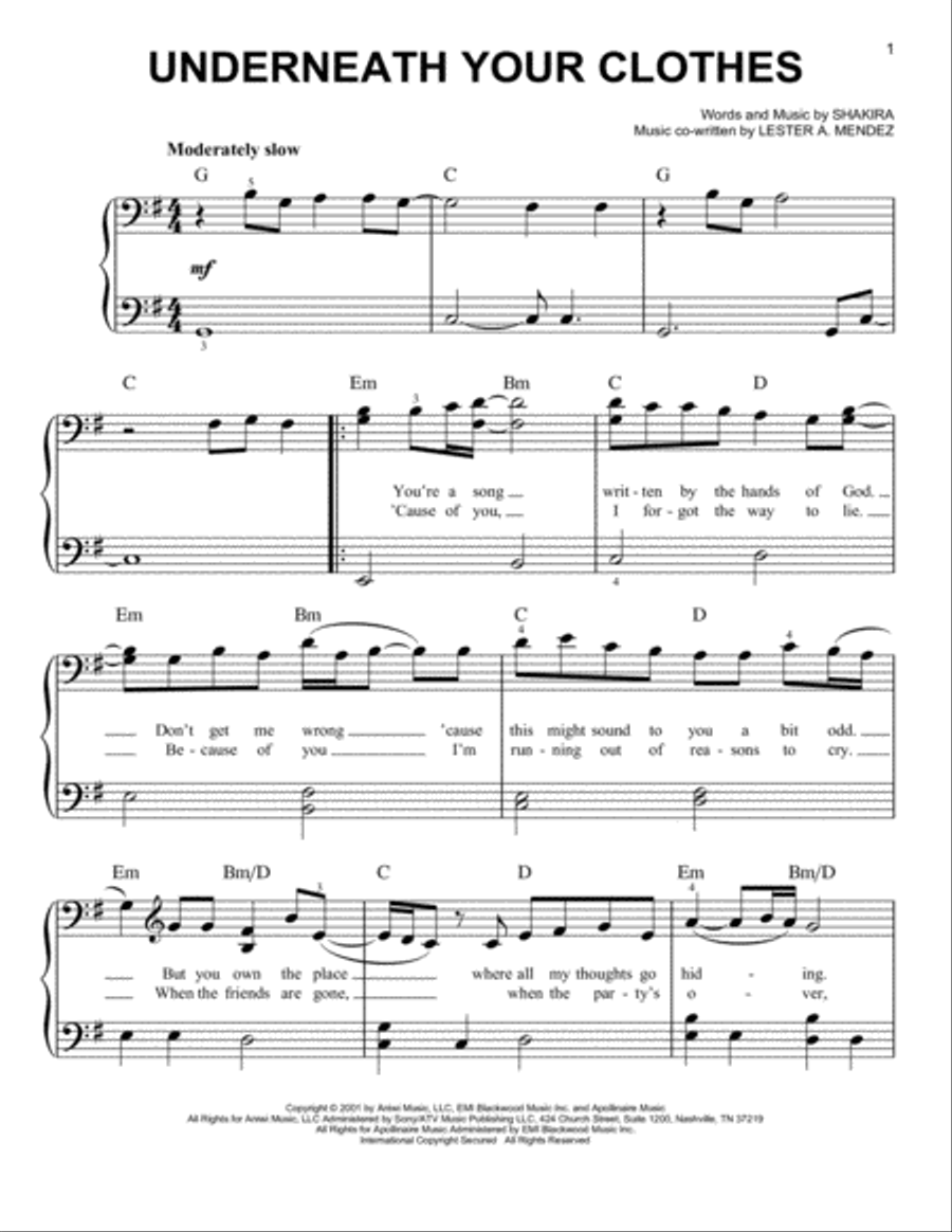 Underneath Your Clothes Easy Piano scores gallery preview page 1