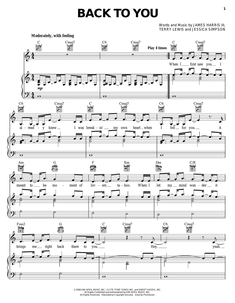 Back To You Piano, Vocal, Guitar scores gallery preview page 1