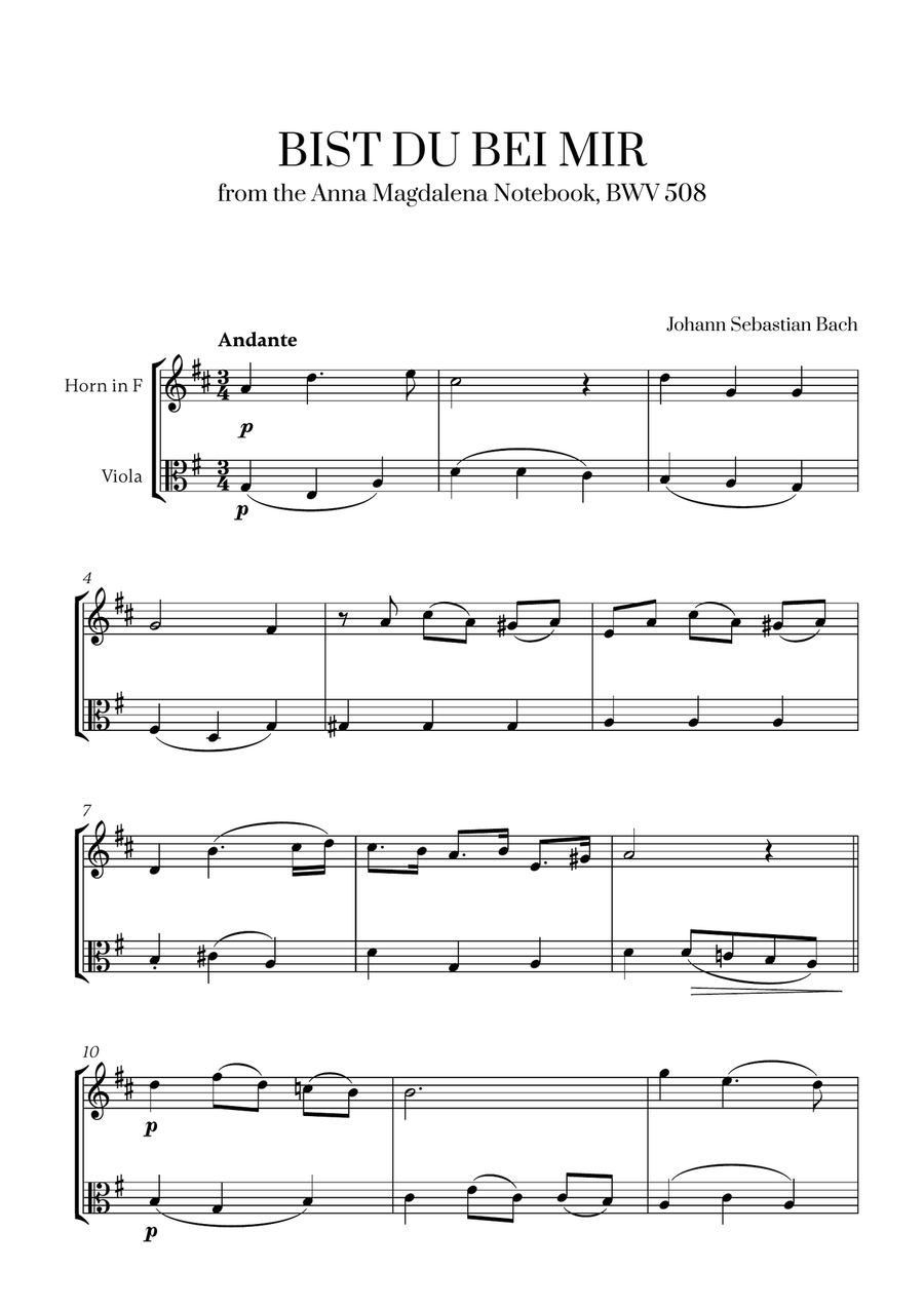 Johann Sebastian Bach - Bist du bei Mir (BWV 508) (G major) (for French Horn and Viola)