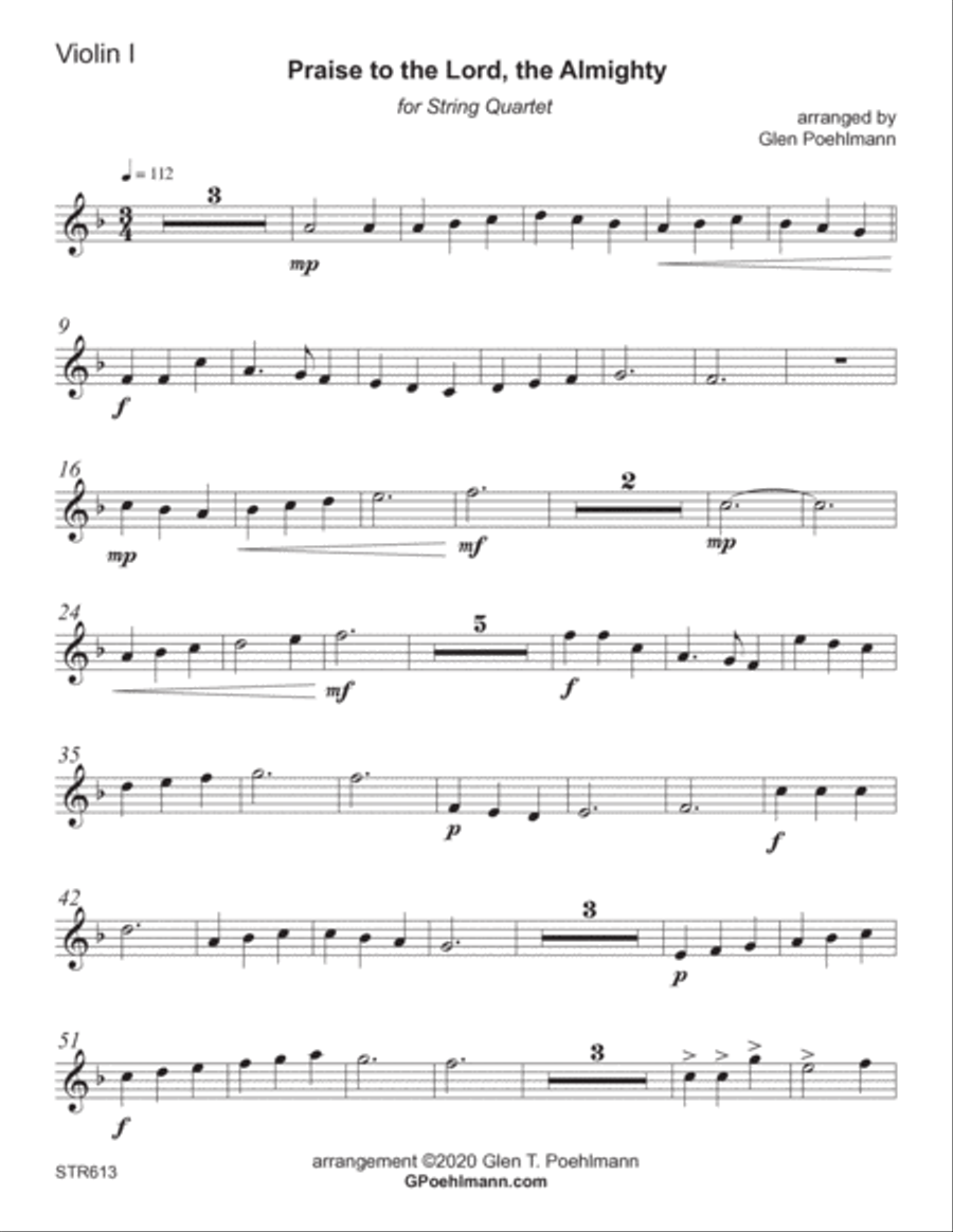 PRAISE TO THE LORD, THE ALMIGHTY - String Quartet (unaccompanied) A Cappella scores gallery preview page 6