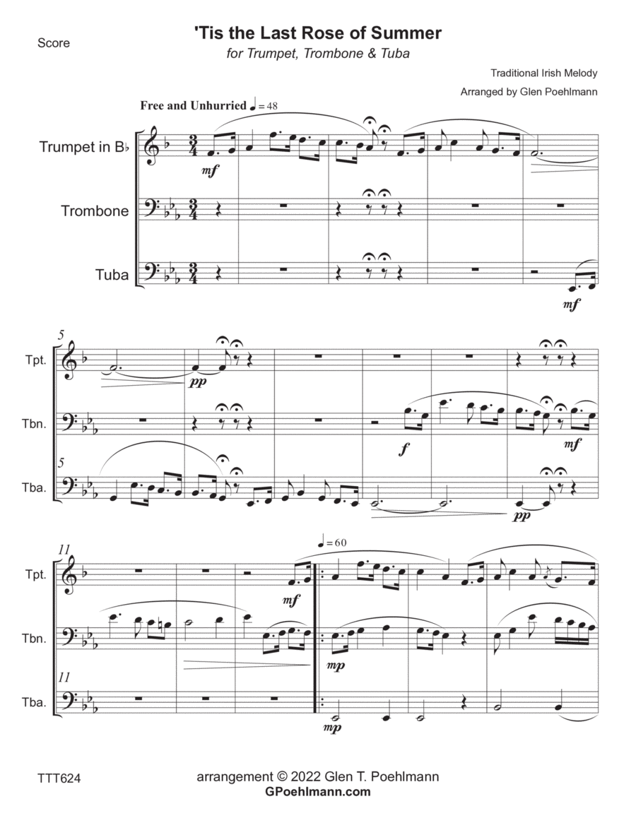THE LAST ROSE OF SUMMER - Trumpet, Trombone & Tuba (unaccompanied) Brass Ensemble scores gallery preview page 1
