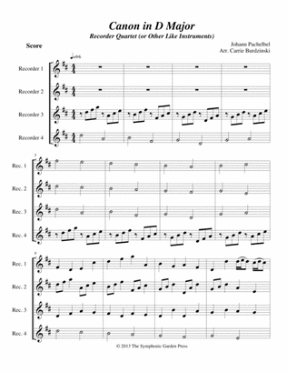 Pachelbel's Canon in D Major - flute or recorder quartet
