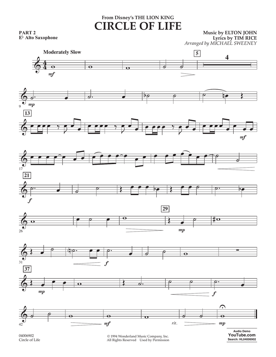 Circle of Life (from The Lion King) (arr. Michael Sweeney) - Pt.2 - Eb Alto Saxophone