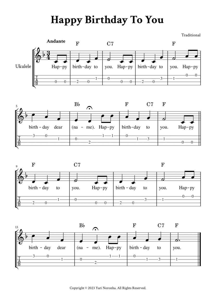Happy Birthday To You - For Ukulele (F Major - with TAB, Chords and Lyrics) Ukulele scores gallery preview page 1