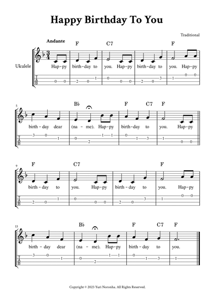 Happy Birthday To You - For Ukulele (F Major - with TAB, Chords and Lyrics) image number null