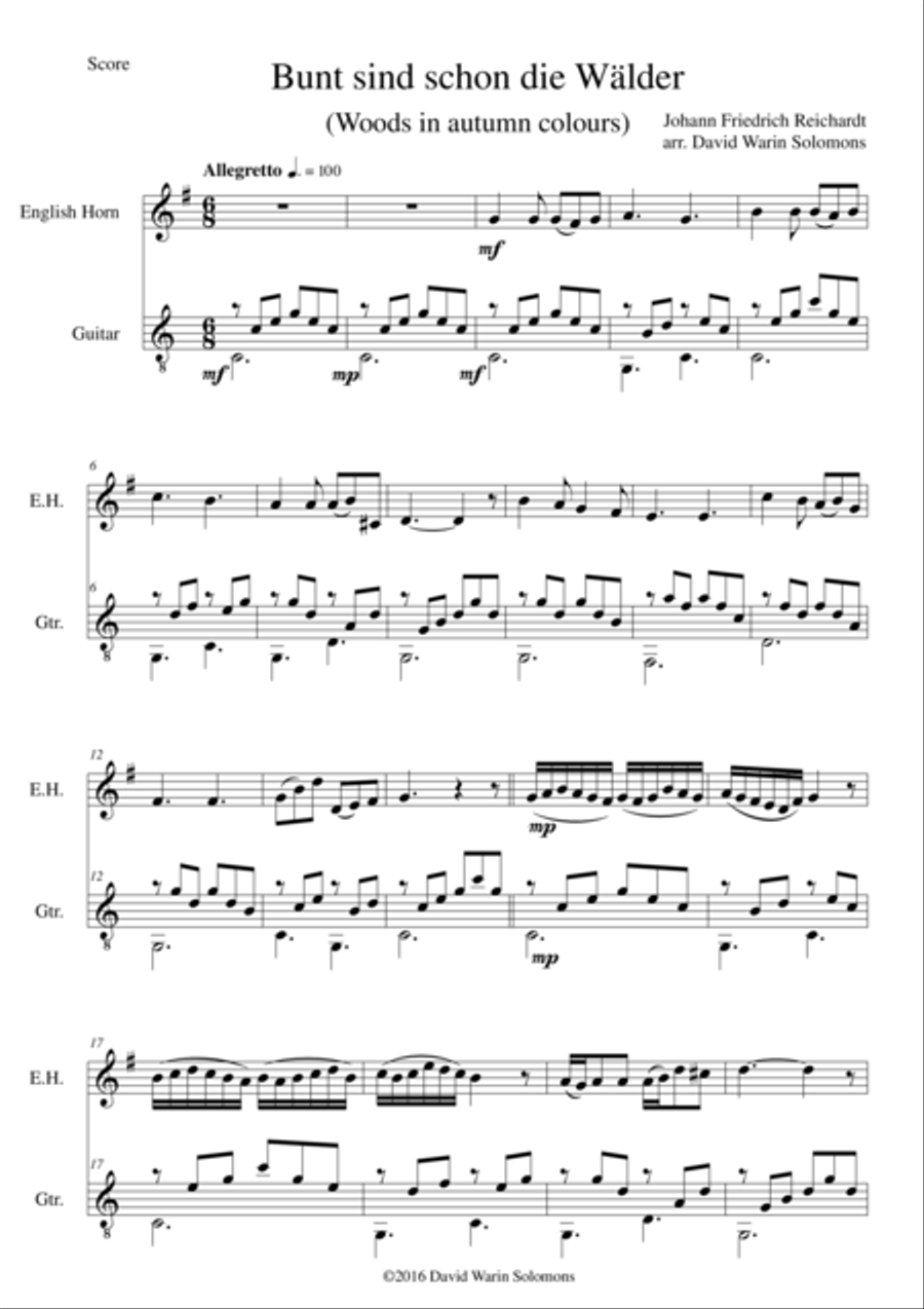 Bunt sind schon die Wälder (Woods in autumn colours) for cor anglais and guitar English Horn scores gallery preview page 1