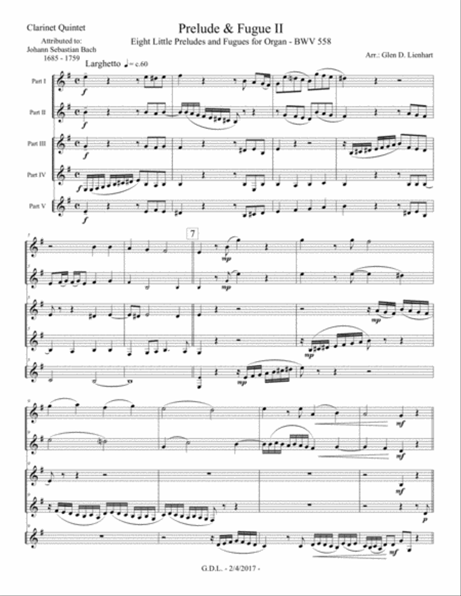 Prelude and Fugue II (Clarinet) Woodwind Quintet scores gallery preview page 2
