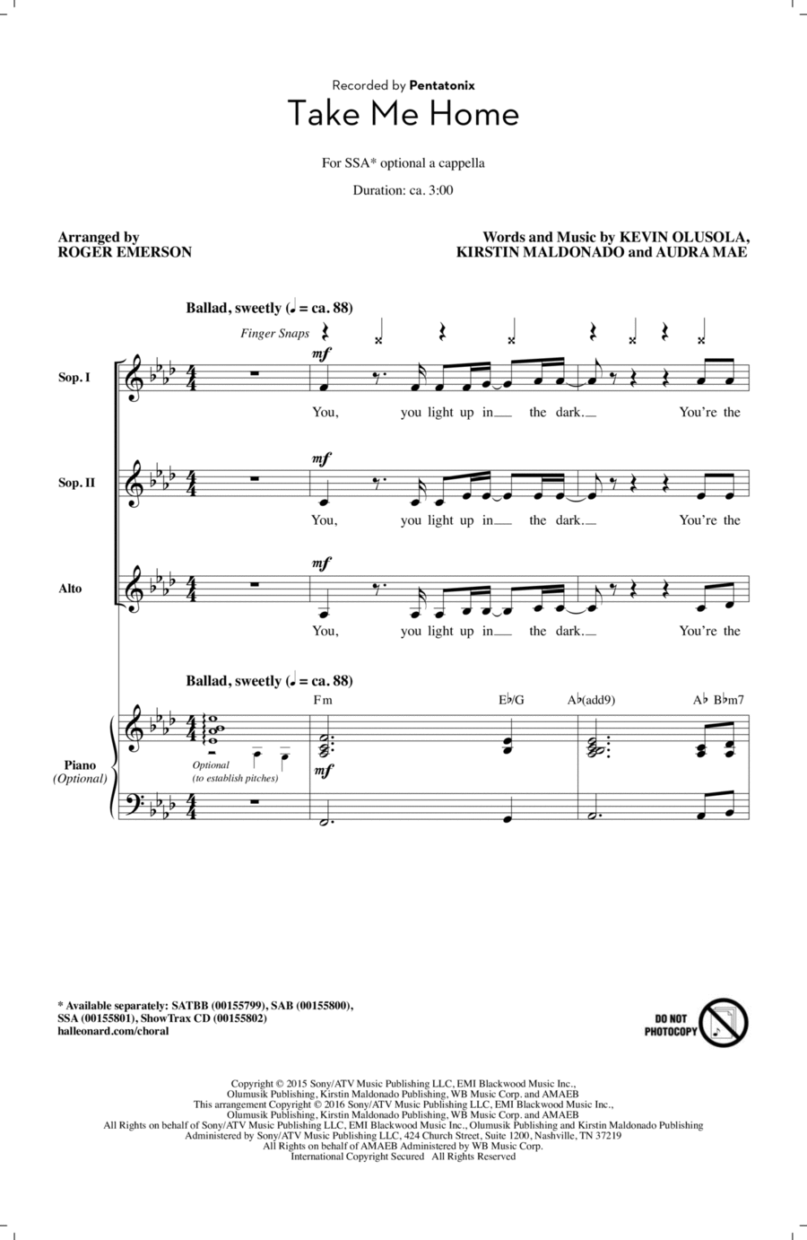 Take Me Home (arr. Roger Emerson) SSA scores gallery preview page 1