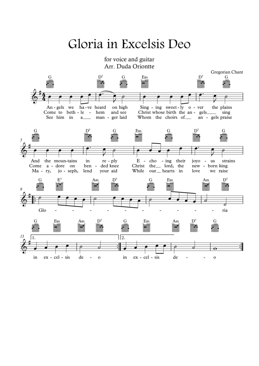 Gloria in excelsis Deo (G major - TABS - with lyrics) Guitar Tablature scores gallery preview page 1
