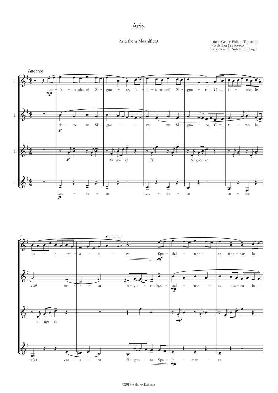 Aria from Magnificat G. P. Telemann Female Quartet A Cappella scores gallery preview page 1