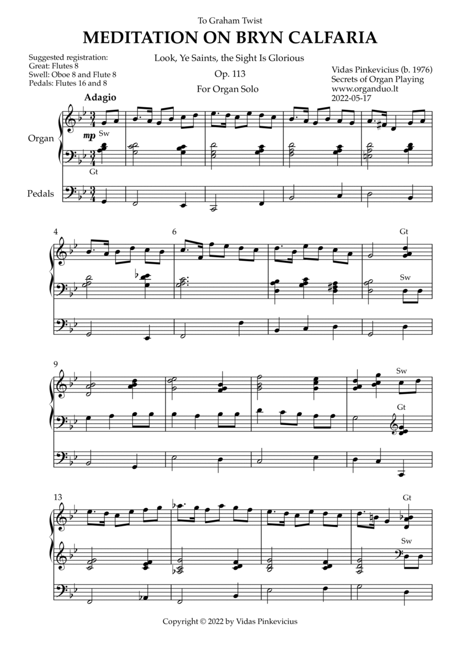 Meditation on Bryn Calfaria, Op. 113 (Organ Solo) by Vidas Pinkevicius Organ Solo scores gallery preview page 1