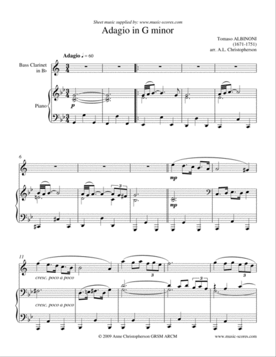 Albinoni Adagio - Bass Clarinet and Piano Bass Clarinet scores gallery preview page 1