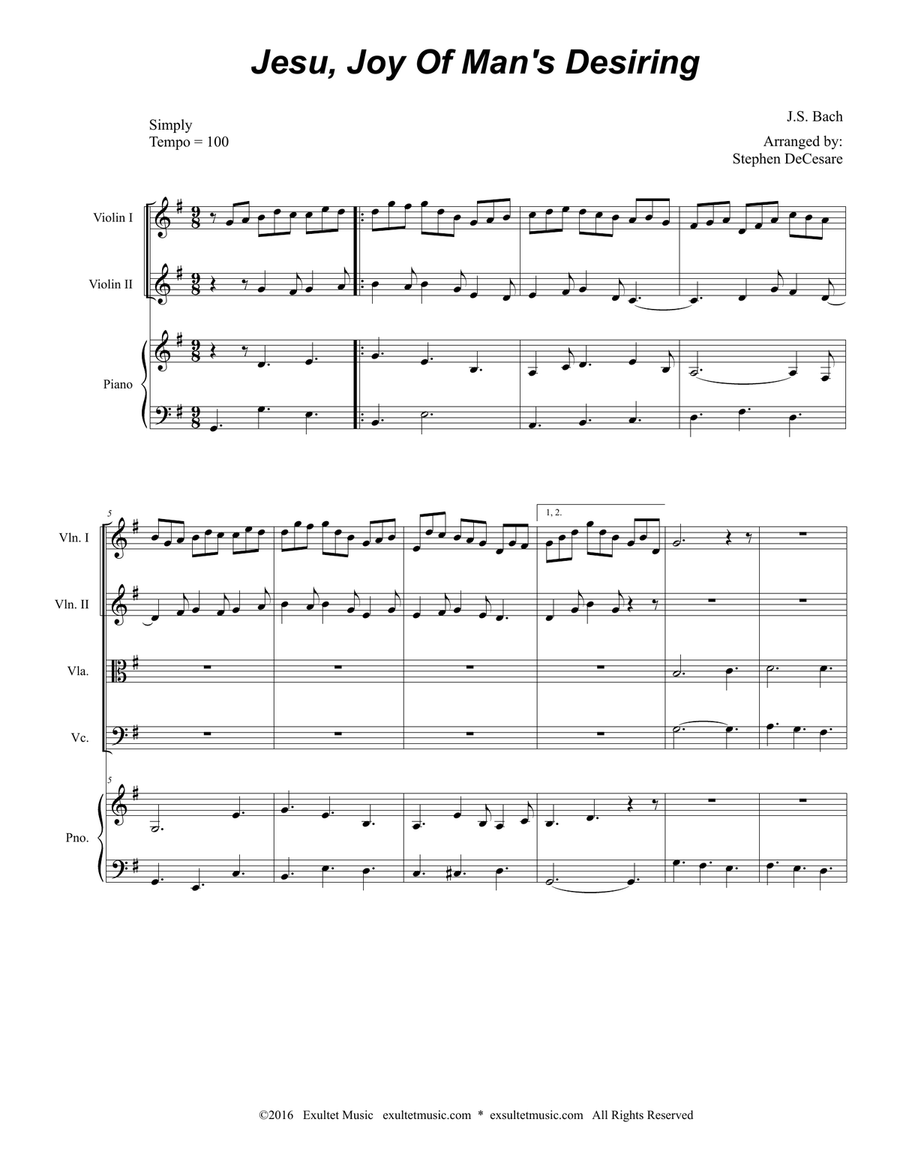 Jesu, Joy Of Man's Desiring (for String Quartet and Piano) Piano Quintet scores gallery preview page 2