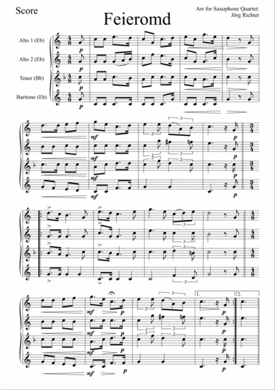 Feieromd (End of Work) - Traditional German Song for Saxophone Quartet Saxophone Quartet scores gallery preview page 2
