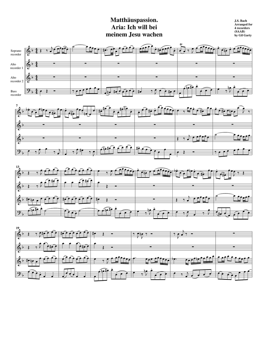 Aria: Ich will bei meinem Jesu wachen from Matthaeuspassion BWV 244 (arrangement for 4 recorders)