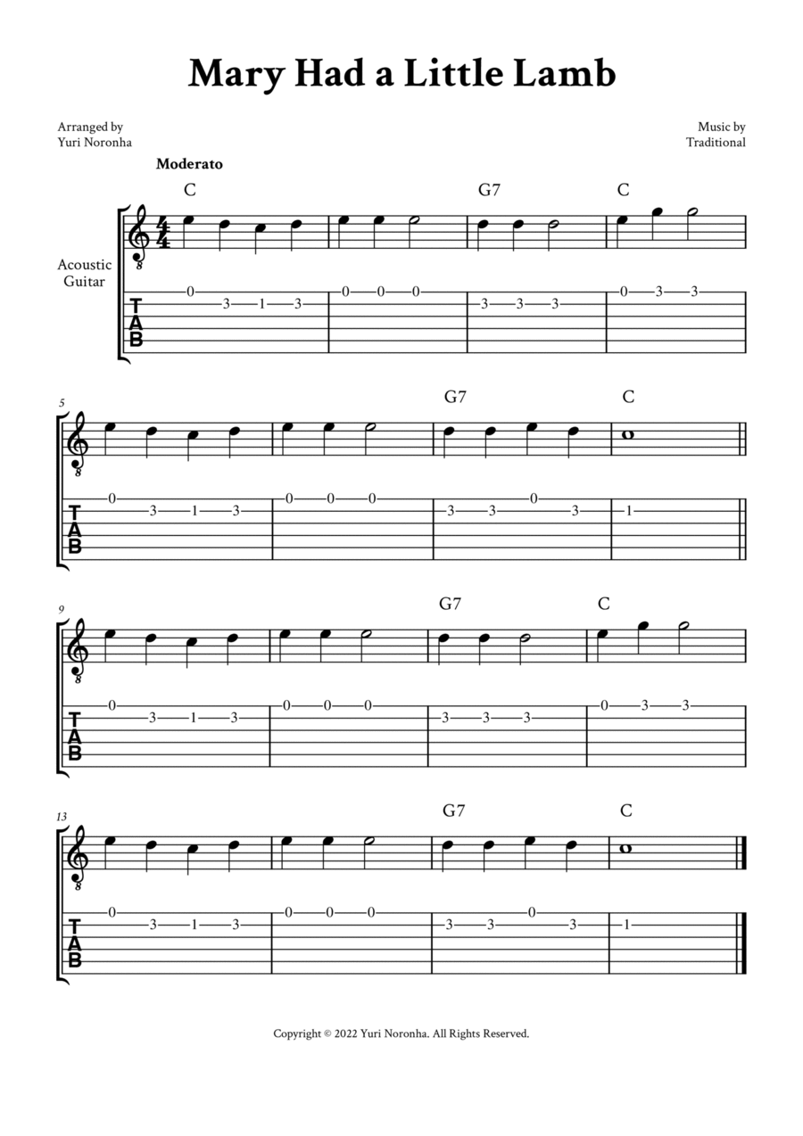 Mary Had a Little Lamb - Easy Guitar (with TAB, Chord) image number null