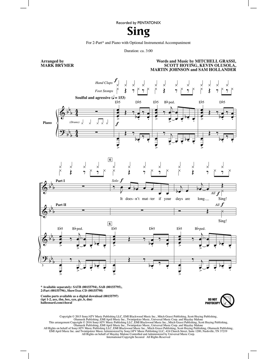 Sing (arr. Mark Brymer) 2-Part scores gallery preview page 1