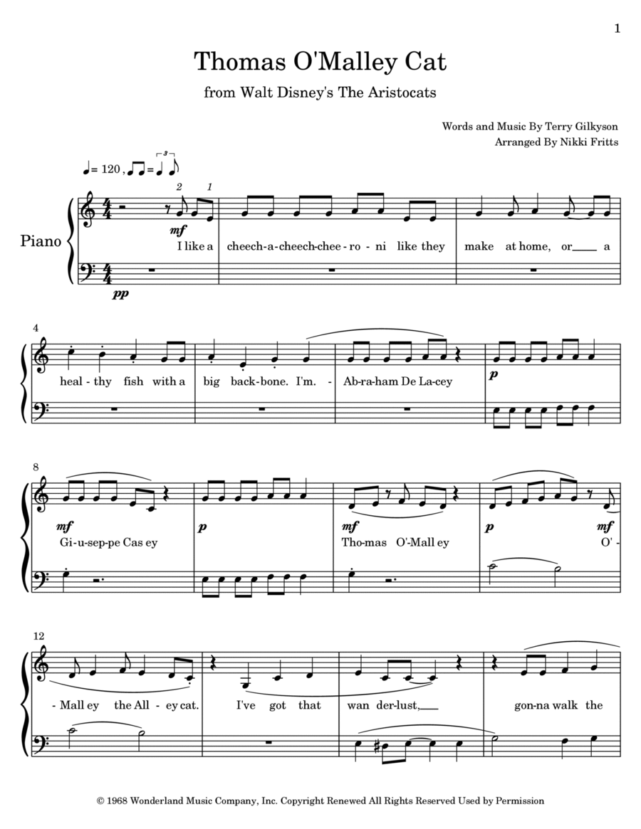 Thomas O'malley Cat Thomas O'malley Cat Easy Piano scores gallery preview page 1