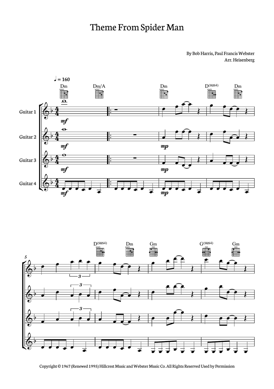 Theme From Spider Man Guitar Ensemble scores gallery preview page 1