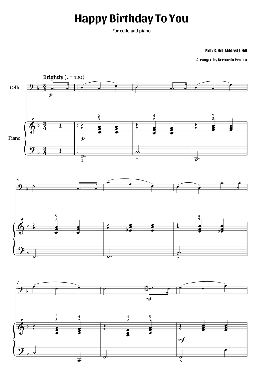 Happy Birthday To You (cello and piano – clean with fingering) Piano scores gallery preview page 1