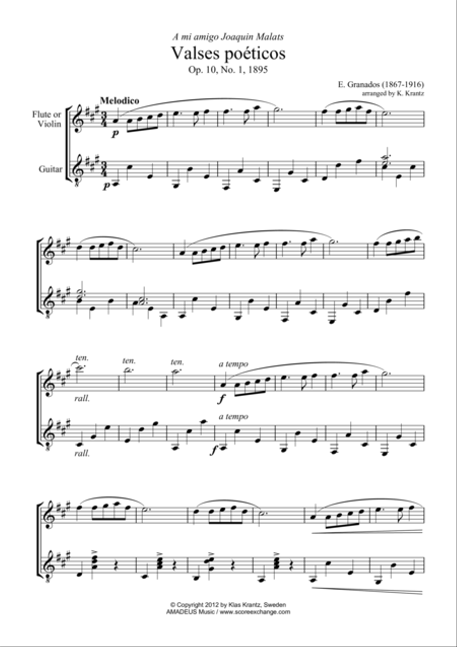 Valses poeticos Op. 10, No. 1 for violin (flute) and guitar Valses poeticos Op. 10, No. 1 for violin (flute) and guitar Flute scores gallery preview page 1