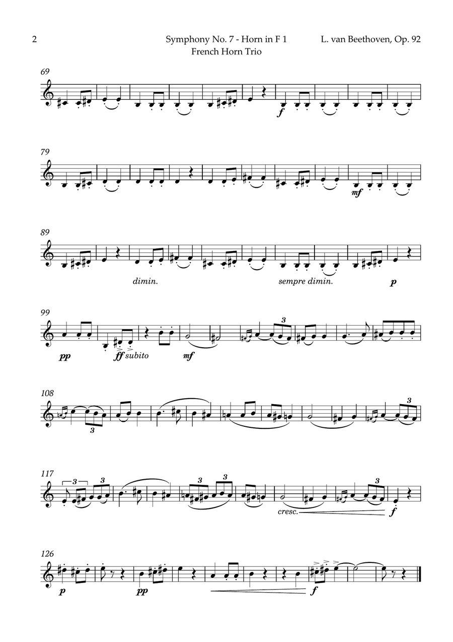 2nd Movement of Symphony No. 7 by Beethoven for French Horn Trio Brass Trio scores gallery preview page 5