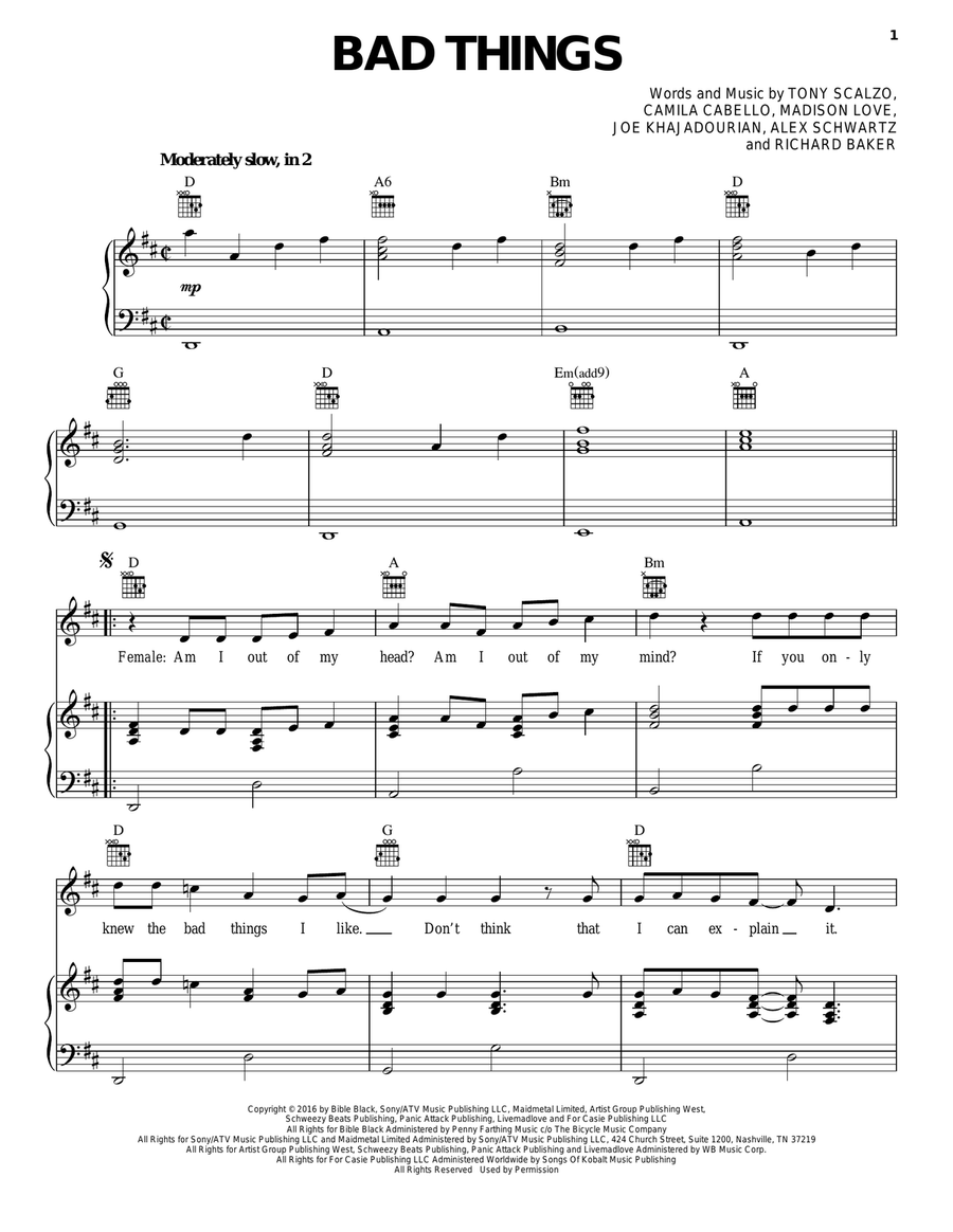 Bad Things Piano, Vocal, Guitar scores gallery preview page 1