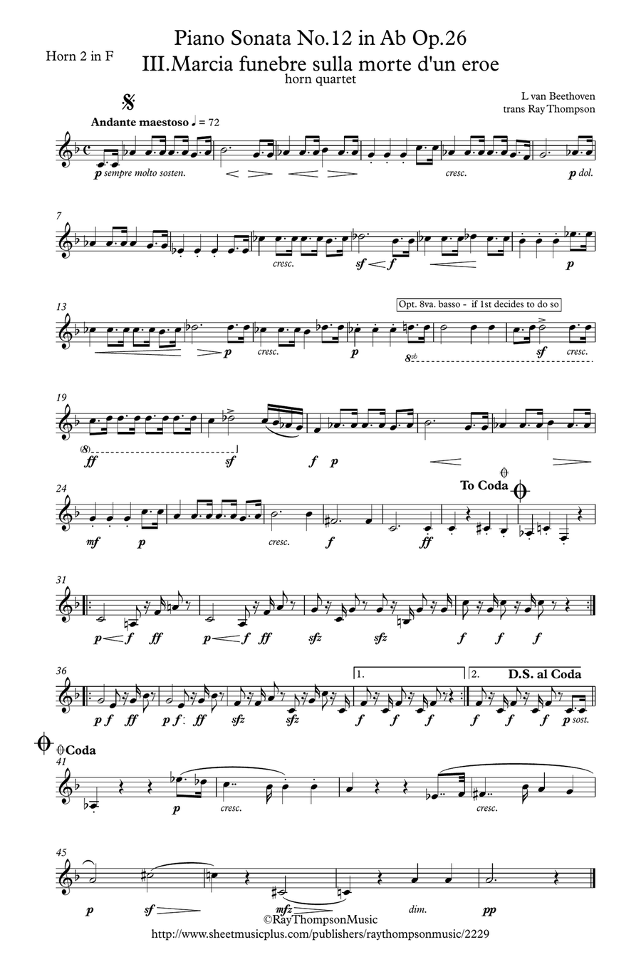 Beethoven: Piano Sonata No.12 in Ab Op.26 Mvt.III Funeral March for a dead hero - horn quartet Brass Quartet scores gallery preview page 6