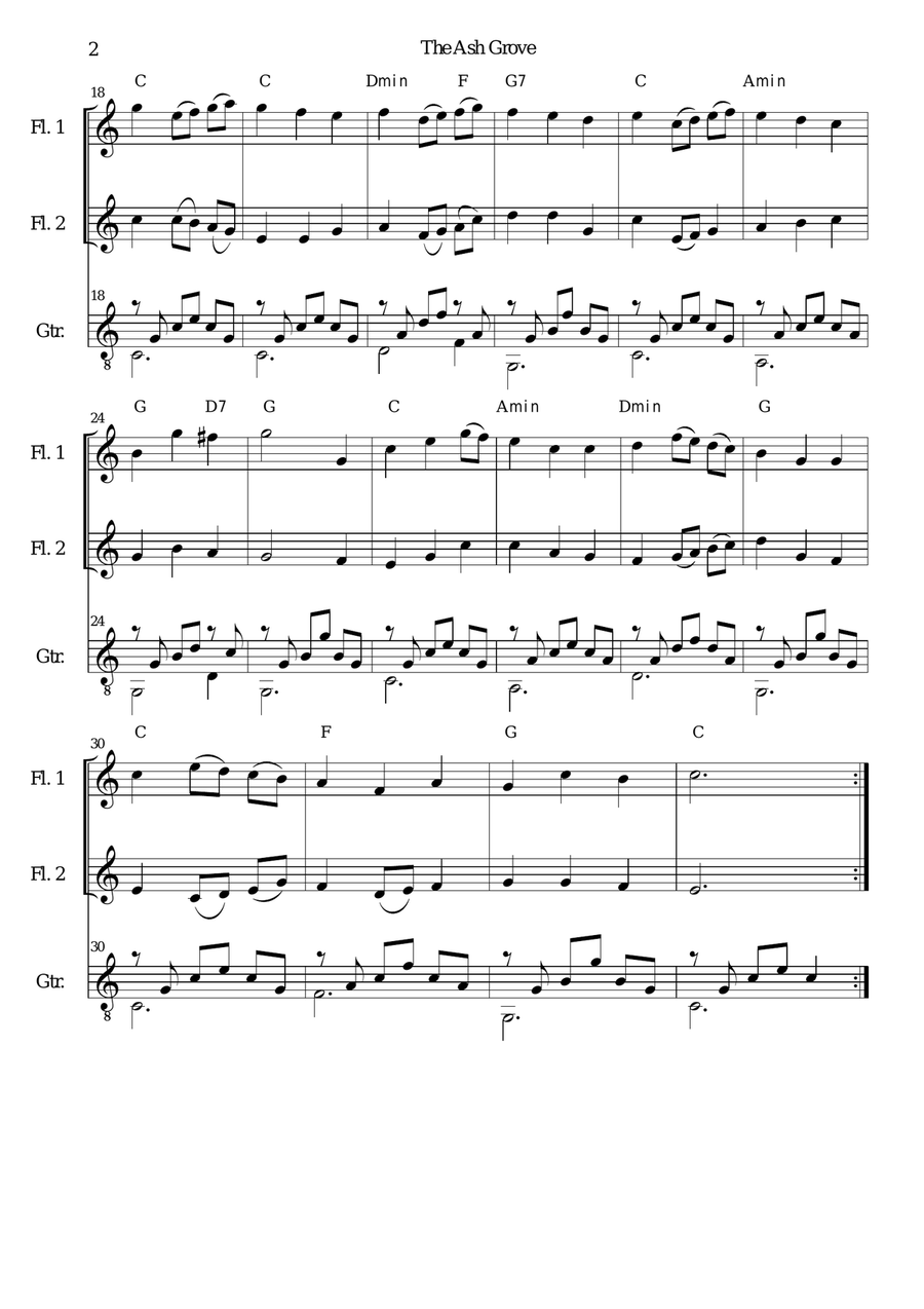 The Ash Grove (Llwyn Onn) 2 flutes and guitar Flute scores gallery preview page 2