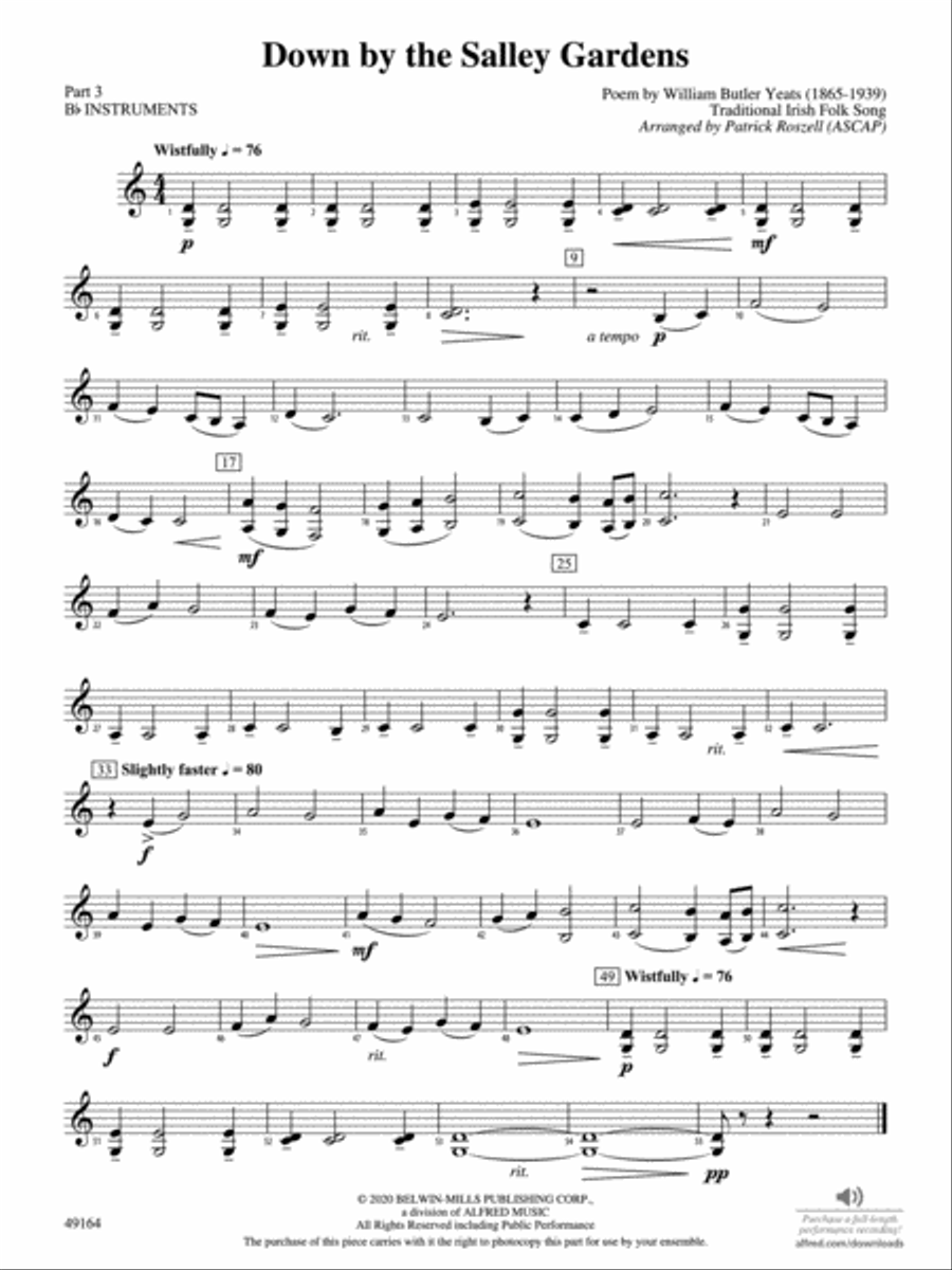 Down by the Salley Gardens: Part 3 - B-flat Instruments Concert Band scores gallery preview page 1
