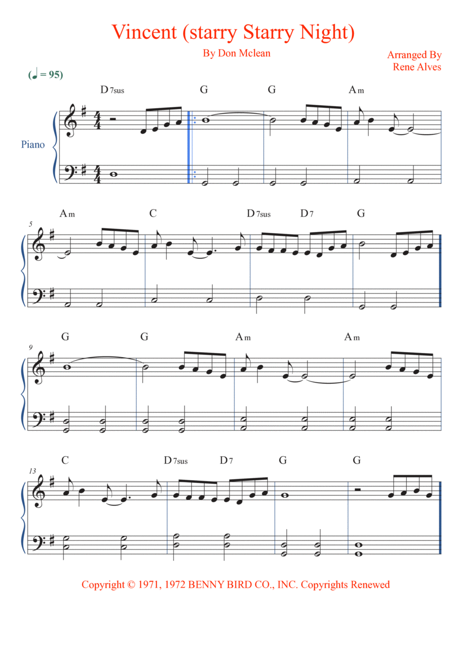 Vincent (starry Starry Night) Easy Piano scores gallery preview page 1