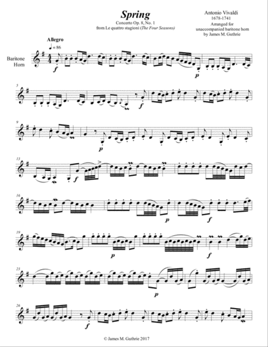 Vivaldi - The Four Seasons: Spring for Solo Baritone Horn Baritone Horn TC scores gallery preview page 1
