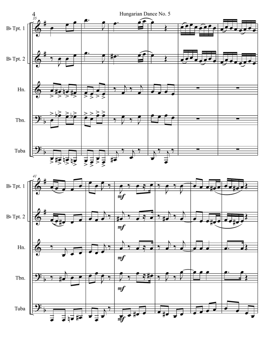 Hungarian Dance No 5 In G Minor - Allegro Vivace Brass Quintet scores gallery preview page 4