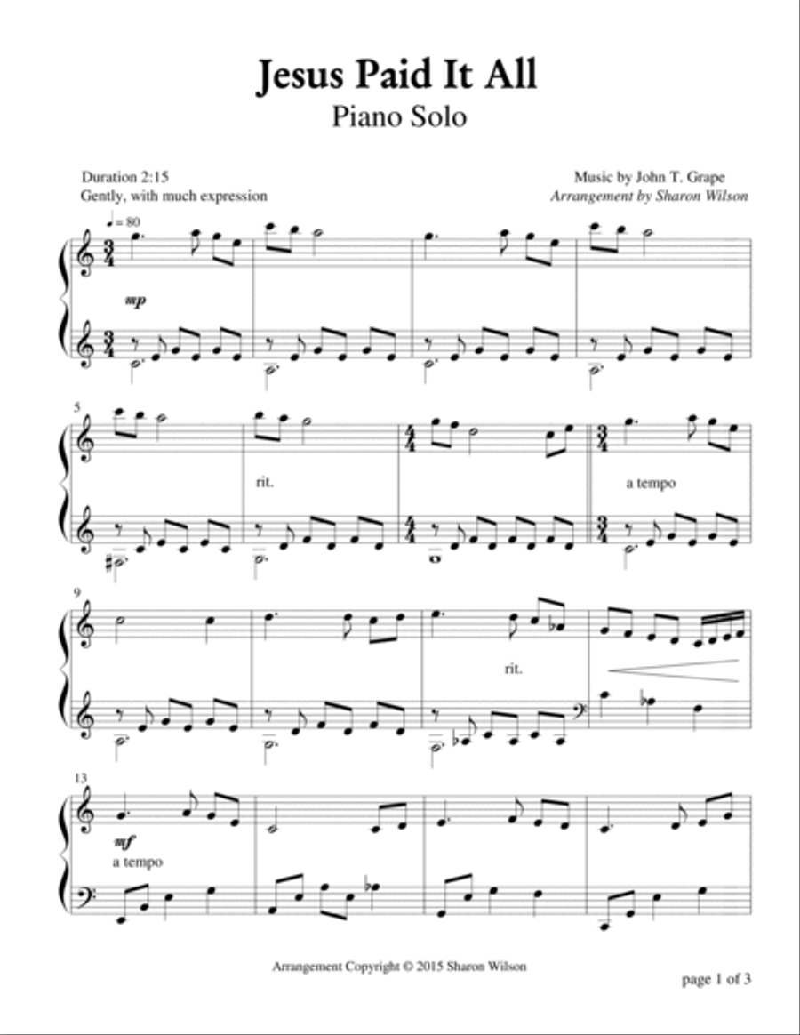 Jesus Paid It All Piano Solo scores gallery preview page 2