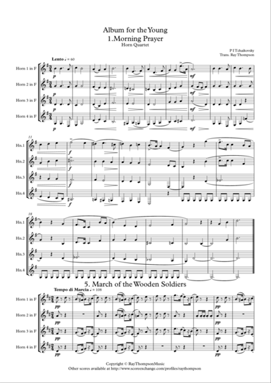 Tchaikovsky: 4 Pieces from Album for the Young Op.39 - horn quartet Brass Quartet scores gallery preview page 1
