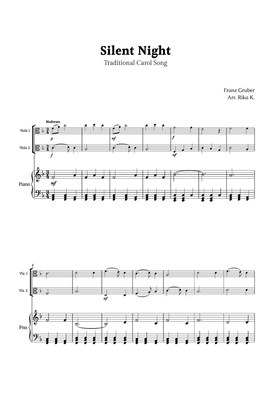 Silent Night for Viola Duet and Piano String Duet scores gallery preview page 1