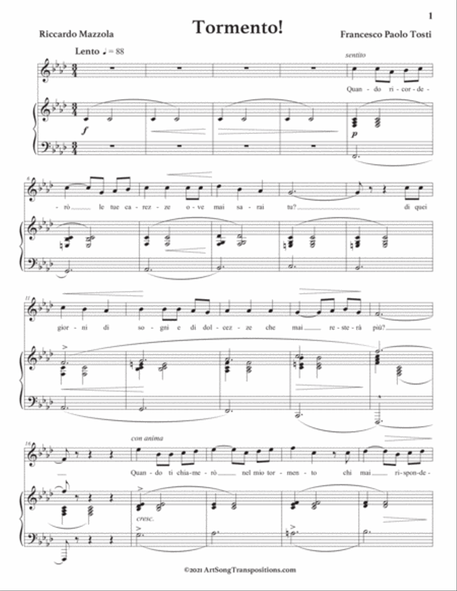 TOSTI: Tormento! (transposed to F minor) Voice scores gallery preview page 2