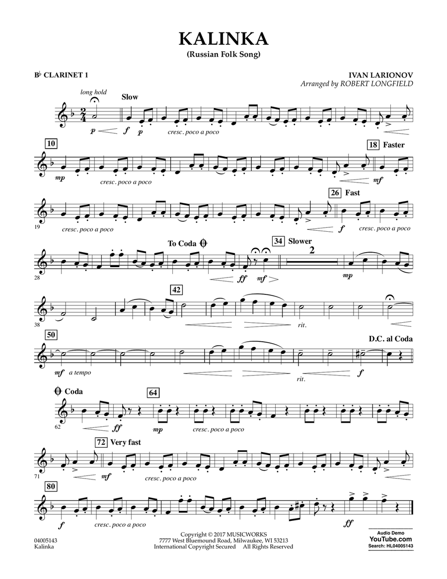 Kalinka (Russian Folk Song) - Bb Clarinet 1 Concert Band scores gallery preview page 1
