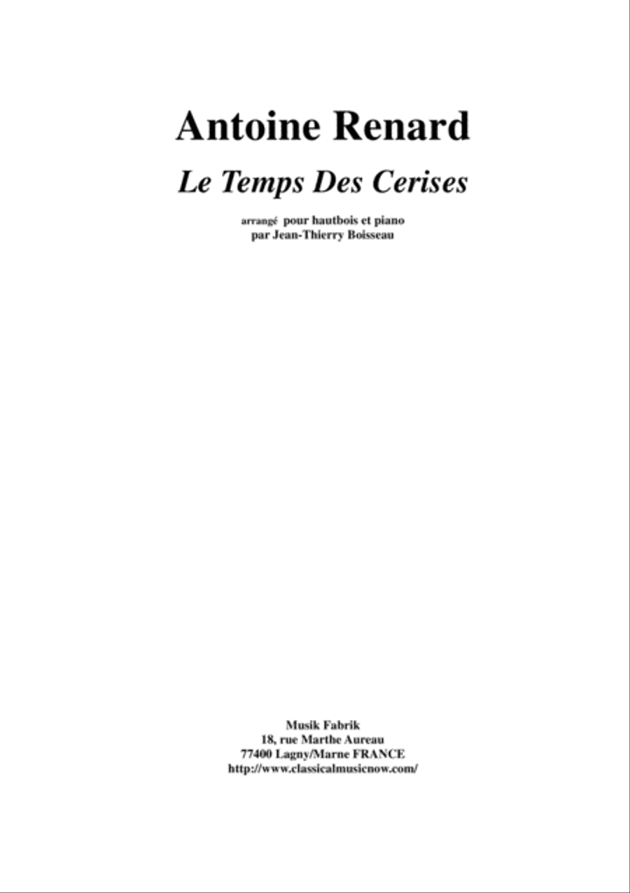 Antoine Renard: Le Temps des Cerises, arranged for oboe and piano Piano scores gallery preview page 1