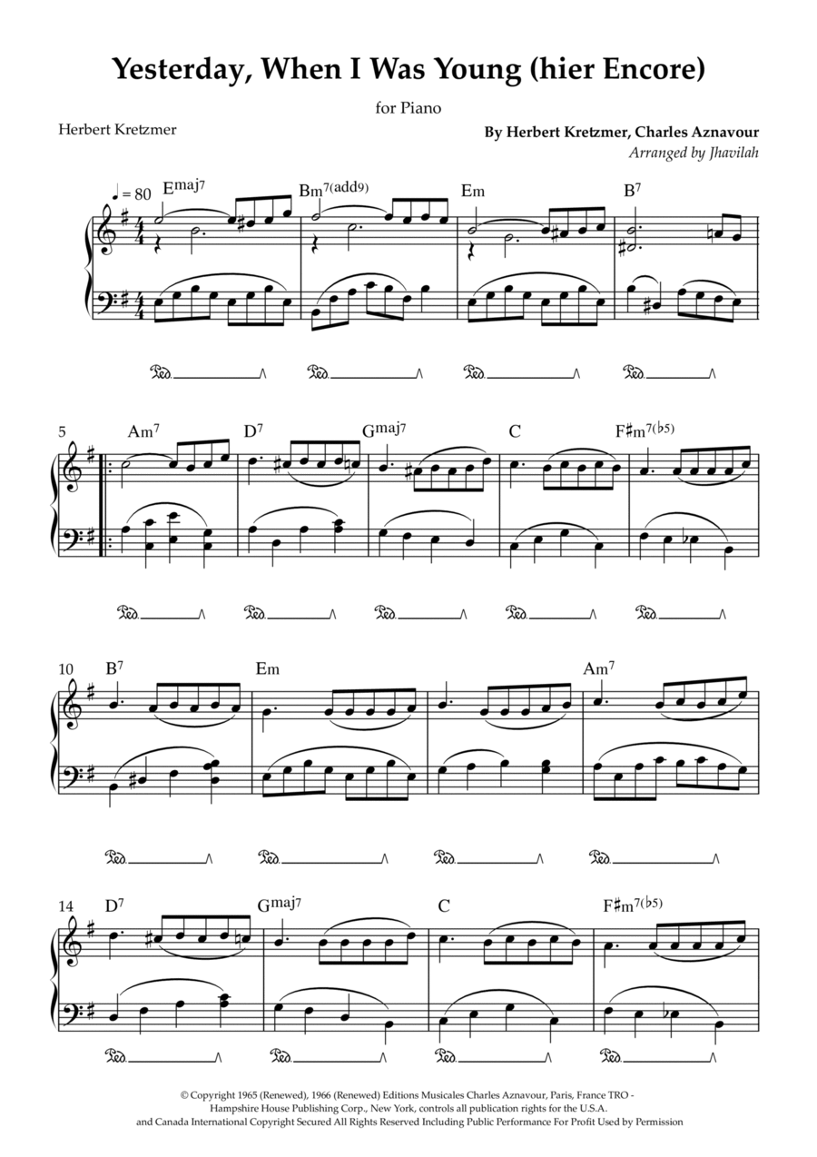 Yesterday, When I Was Young (hier Encore) Easy Piano scores gallery preview page 1