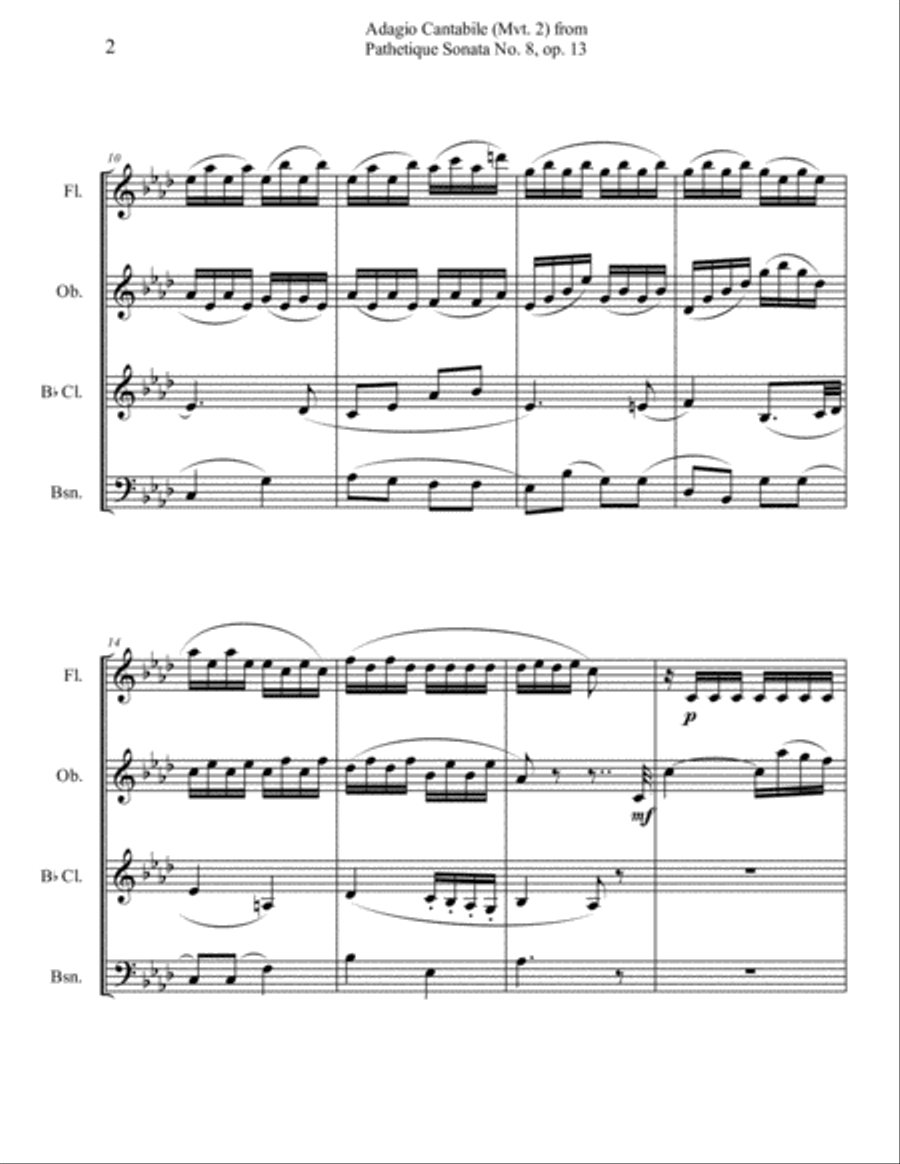 Adagio Cantabile from Beethoven's Pathetique Sonata, for Woodwind Quartet Woodwind Quartet scores gallery preview page 2