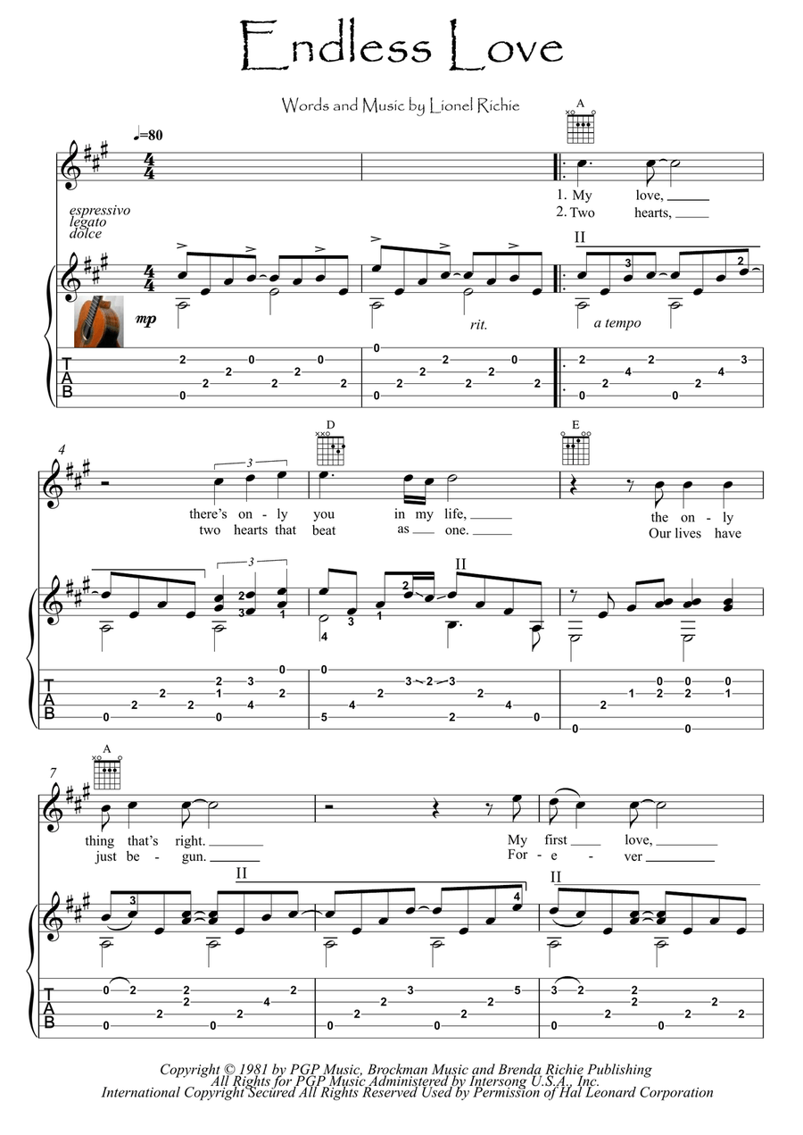 Endless Love Classical Guitar scores gallery preview page 1