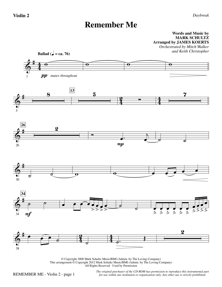 Remember Me - Violin 2 Choir scores gallery preview page 1