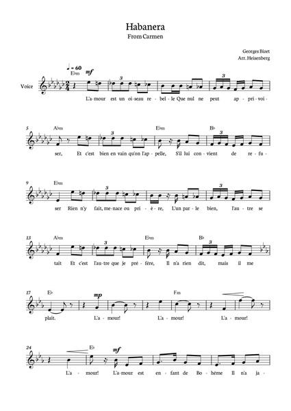Habanera Carmen for voice in Eb minor with chords. image number null