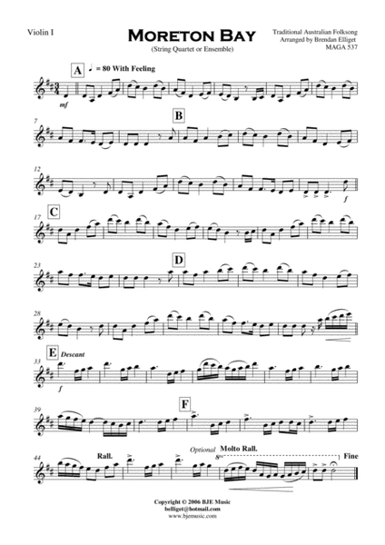 Moreton Bay [D] String Quartet or Ensemble Score and Parts PDF image number null