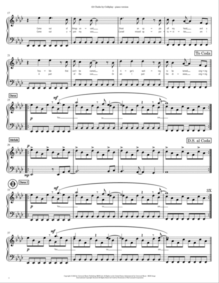 Clocks Piano Solo scores gallery preview page 2