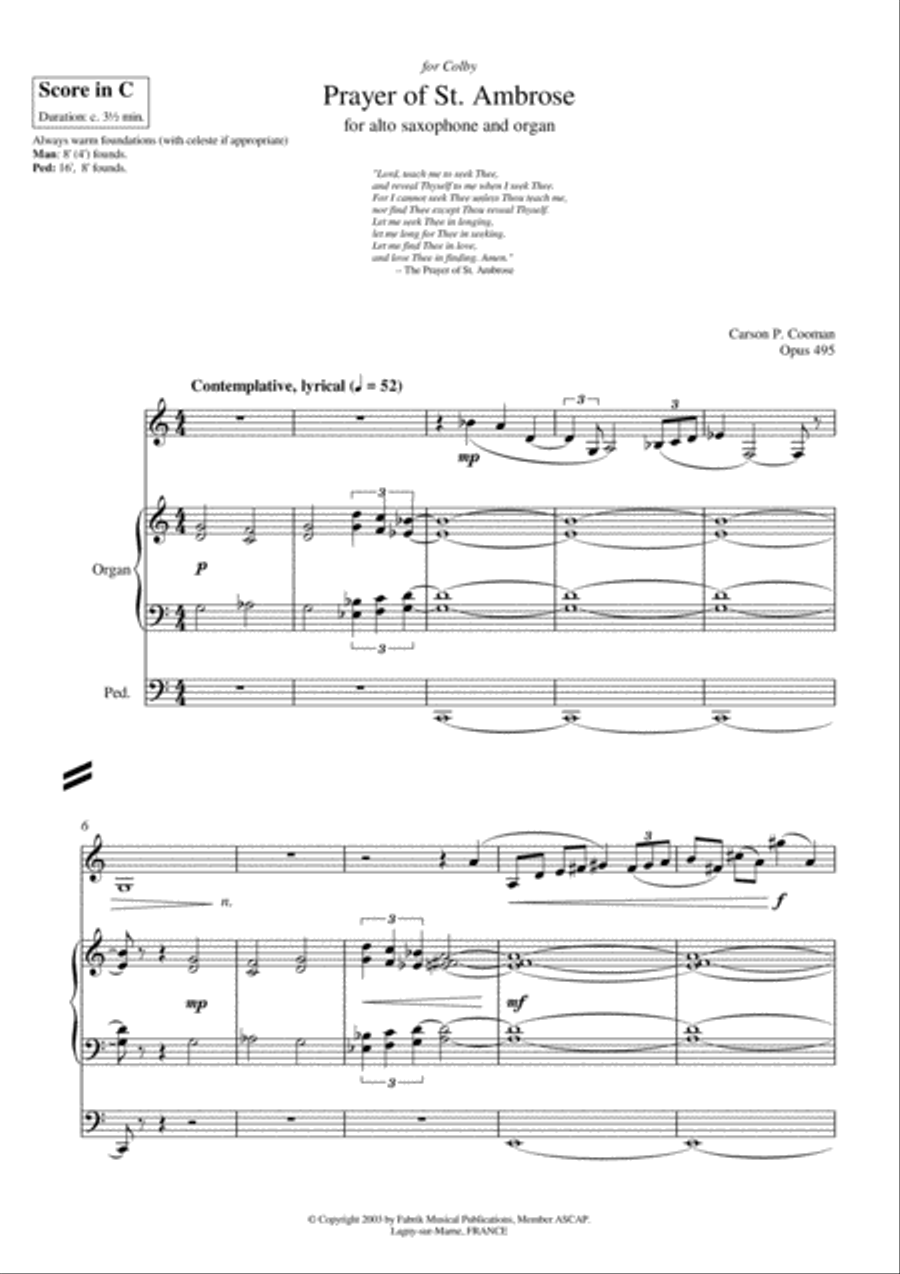 Carson P. Cooman : Prayer of St. Ambrose for alto saxophone and organ (Op. 495) Woodwind Duet scores gallery preview page 3