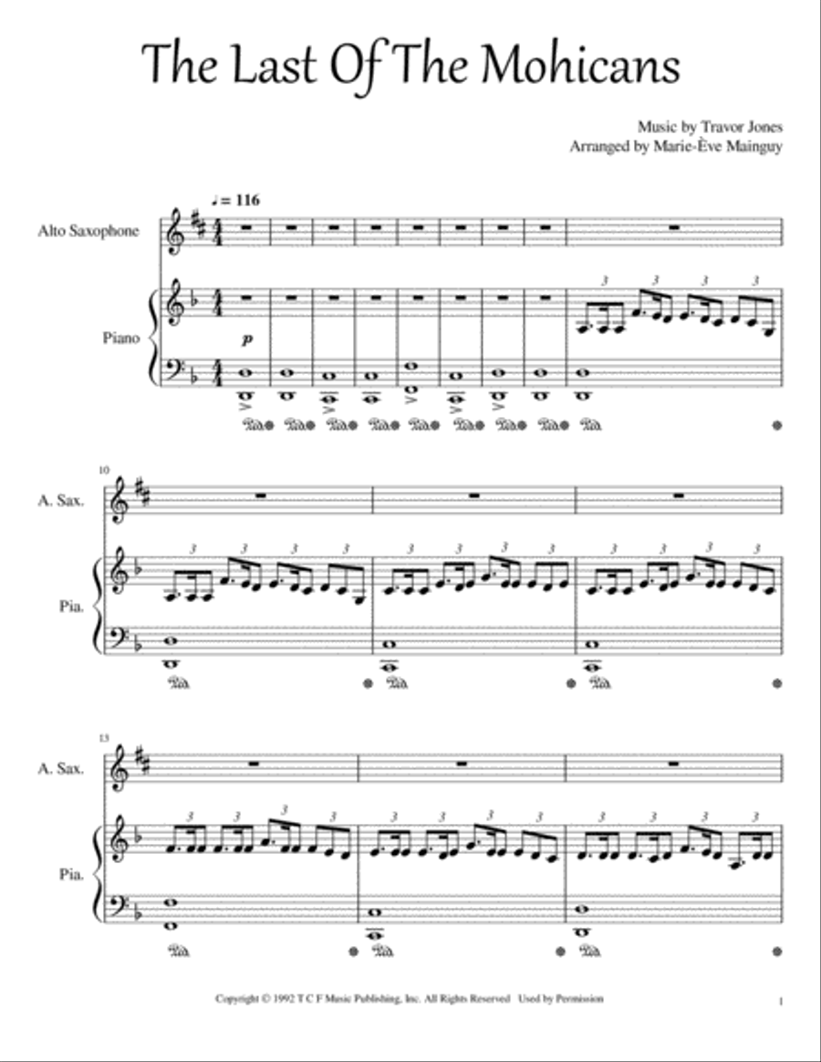 Last Of The Mohicans (main Theme) Alto Saxophone scores gallery preview page 1
